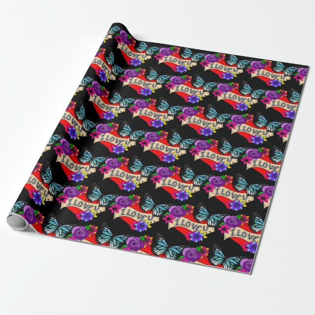 I Love You | Valentine's Day Heart and Rose   Wrapping Paper (Unrolled)