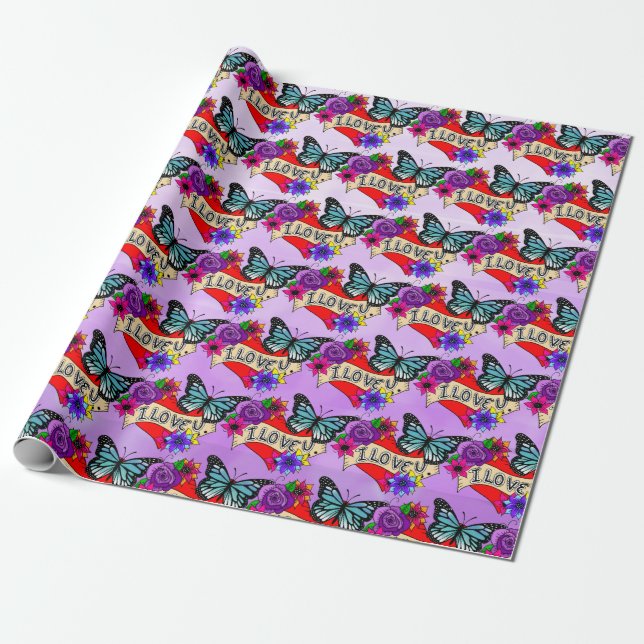 I Love You | Valentine's Day Heart and Rose  Wrapping Paper (Unrolled)