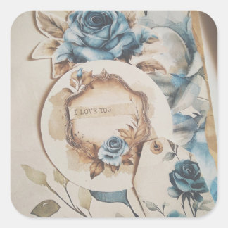I Love You Vintage Floral Dusty Blue Flowers Square Sticker