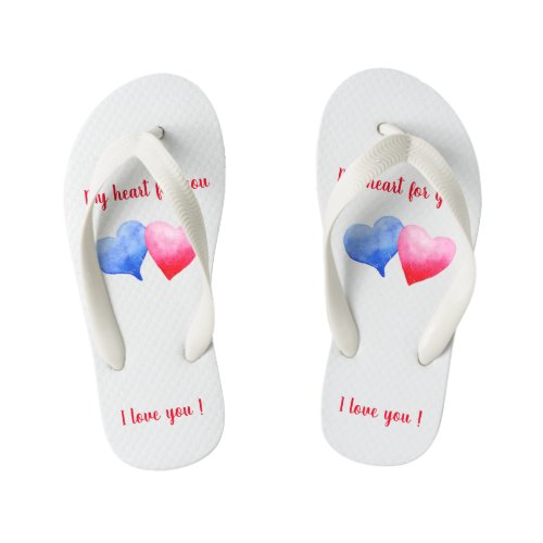 I love you w red and blue heart Valentines Day  Kids Flip Flops