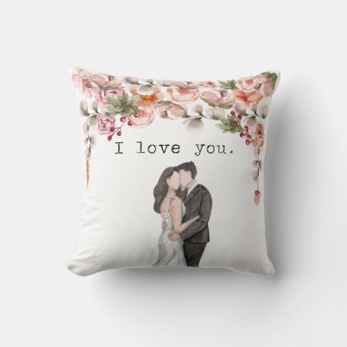 I love you Watercolor floral wedding gift Newlywed Throw Pillow
