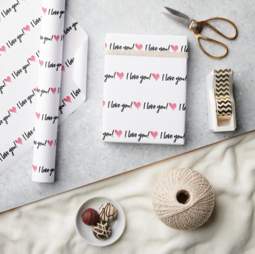 I Love you watercolor pink heart pattern  Wrapping Paper