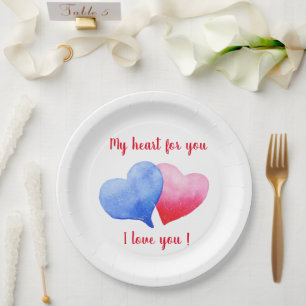I love you watercolor red and blue heart paper plates