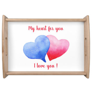 I love you watercolor red and blue heart serving tray