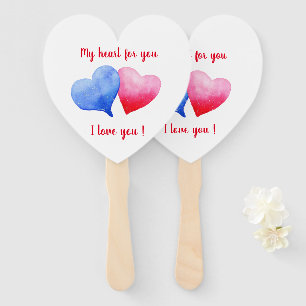 I love you watercolor red and blue Valentine's Day Hand Fan