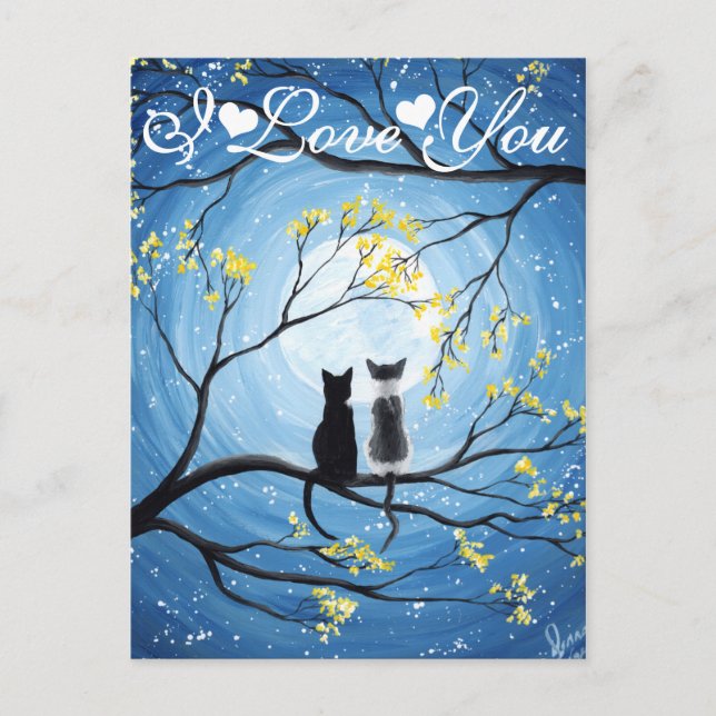 I Love You Whimsical Moon with Cats Postcard (Front)