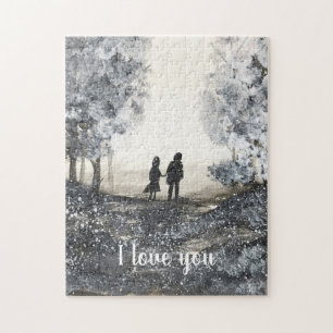 I love you Winter Watercolor couple Wedding Jigsaw Puzzle