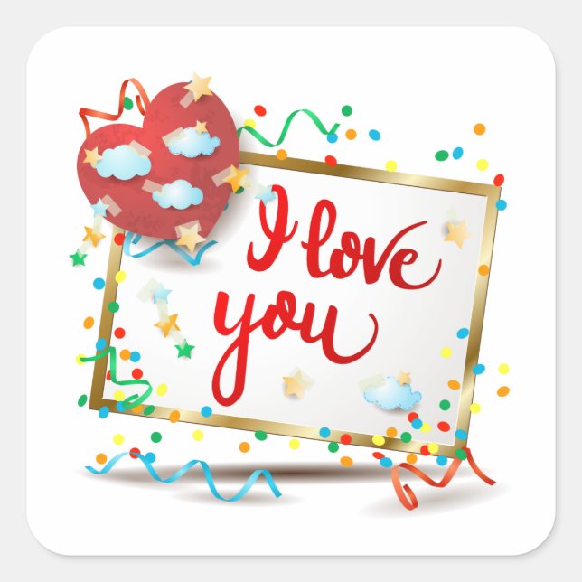 I Love You with Red Heart Square Sticker (Front)