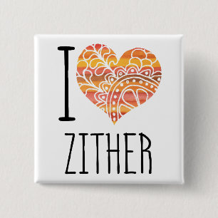 I Love Zither Orange Mandala Heart Button