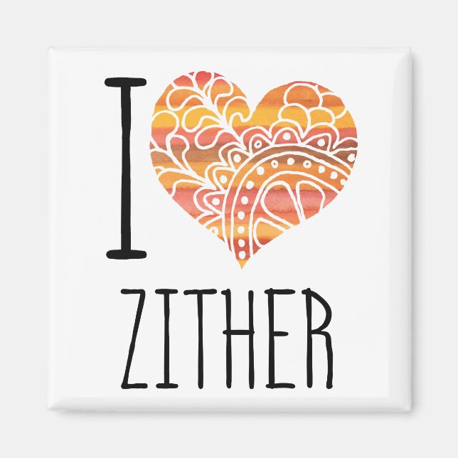 I Love Zither Orange Mandala Heart Magnet (Front)