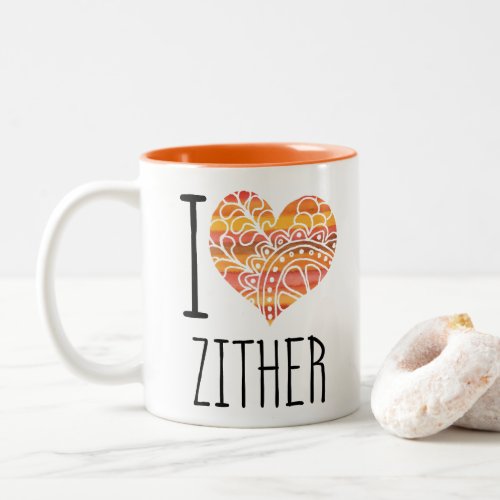 I Love Zither Yellow Orange Mandala Heart Two-Tone Coffee Mug