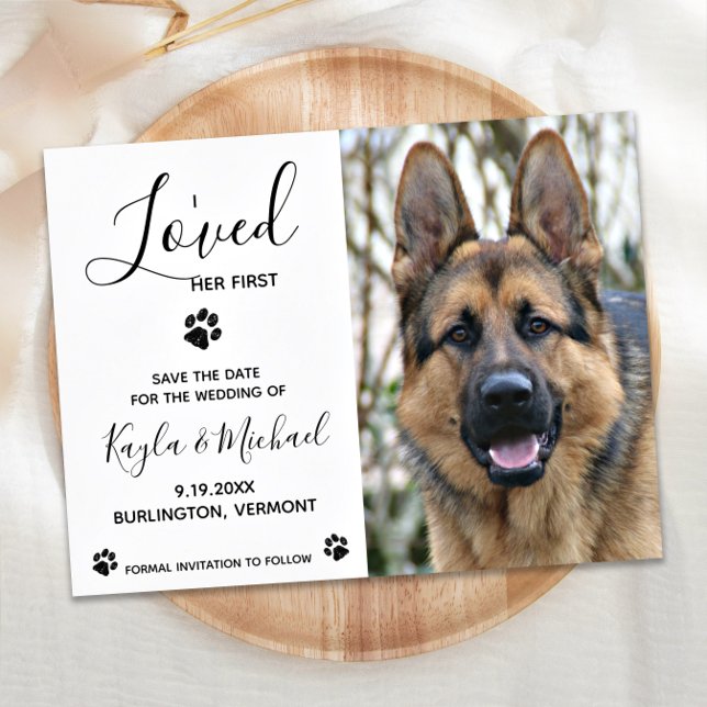 I Loved Her First - Elegant Modern Dog Wedding Announcement Postcard