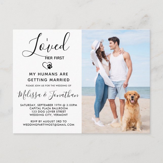 I Loved Her First Modern Pet Photo Dog Wedding Invitation Postcard (Front)