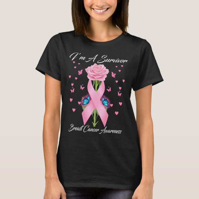 I’m A Survivor Breast Cancer Flower Butterfly T-Shirt (Front)
