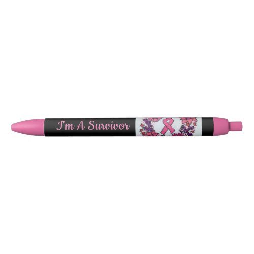 Im A Survivor Breast Cancer Pink Ribbon Flowers Black Ink Pen