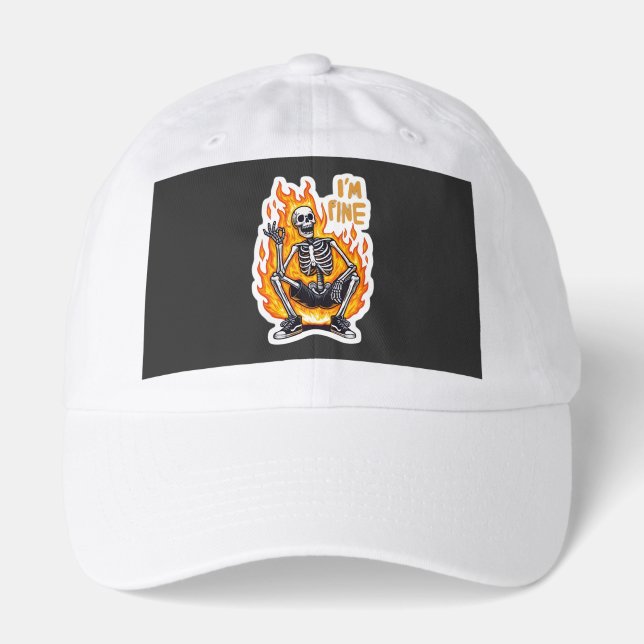 I’m Fine Skeleton on Fire Funny Sticker Illustrati Hat (Front)