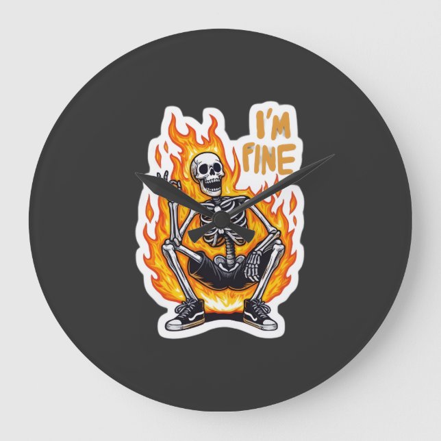 I’m Fine Skeleton on Fire Funny Sticker Illustrati Large Clock (Front)