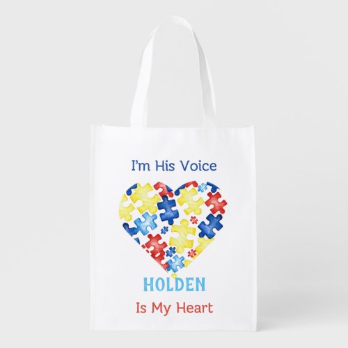 Iâm His Voice Heâs my Heart Autism Awareness Grocery Bag