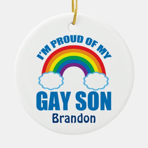 Im Proud of My Gay Son Rainbow Mom Dad Monogram Ceramic Ornament