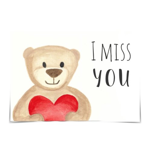 I Miss You Bear with Heart Watercolour Card