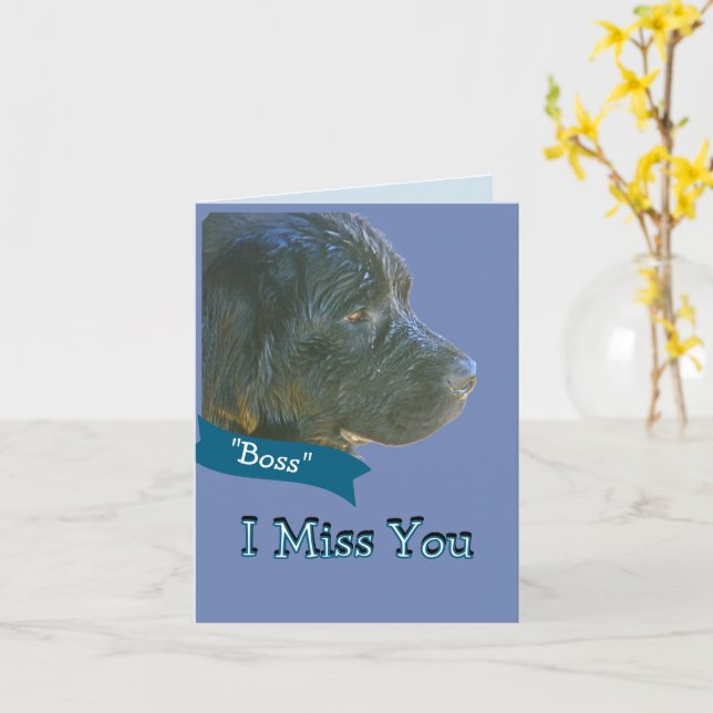 "I Miss You" Beautiful,Sad-looking Newfie Dog Card (Yellow Flower)