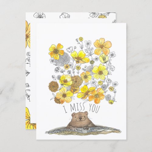 I Miss You Cute Groundhog and Flowers Watercolor Card