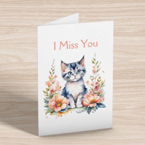 I Miss You  Gray Kitten in Pink Flowers Card
