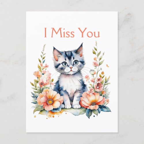 I Miss You  Gray Kitten in Pink Flowers Postcard