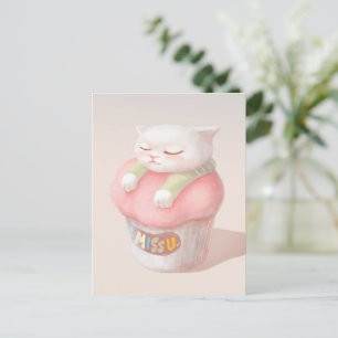 I Miss You: Kawaii Sleeping Cat Cupcake Art Announcement Postcard