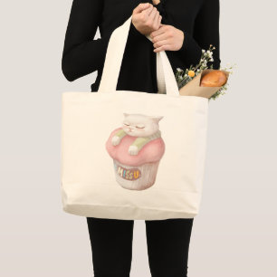 I Miss You: Kawaii Sleeping Cat Cupcake Art Large Tote Bag