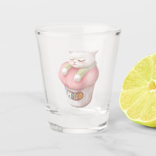 I Miss You: Kawaii Sleeping Cat Cupcake Art Shot Glass (Front)