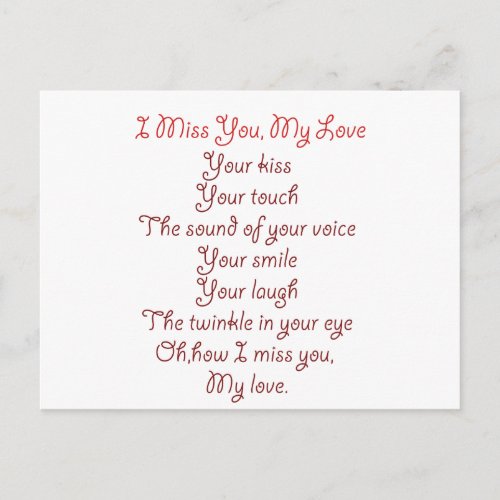 I Miss You My Love Poem Red on Red Postcard