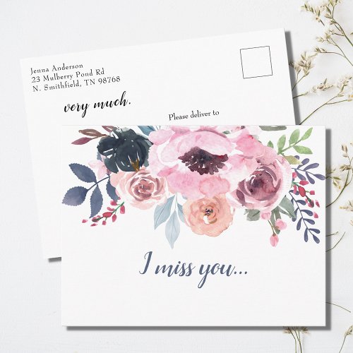 I Miss You Pink Botanical Floral Watercolor Postcard