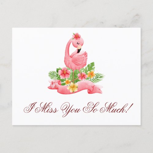 I Miss You So Much Cute Pink Flamingo Floral  Postcard