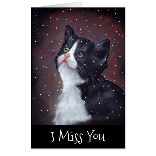I Miss You Tuxedo Cat Looking Up Snowflakes Art Card