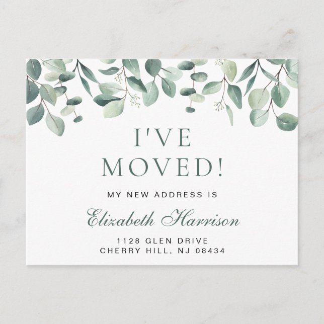 I Moved Eucalyptus Greenery Watercolor Moving Announcement Postcard (Front)