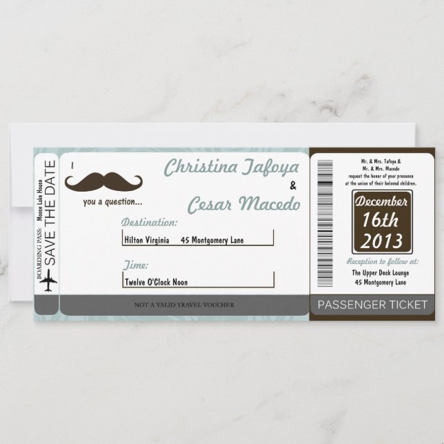 I Mustache You Boarding Pass Wedding Invitation (Front)
