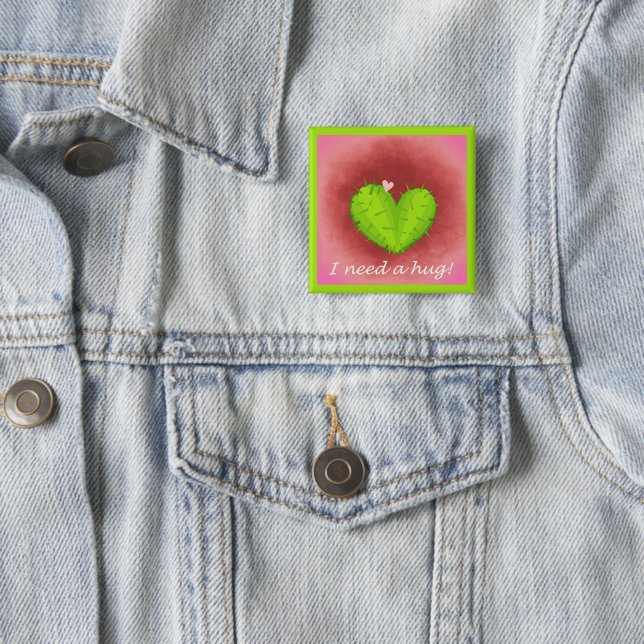 I Need A Hug Heart Cactus Button (In Situ)