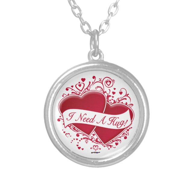 I Need A Hug! Red Hearts Silver Plated Necklace (Front)