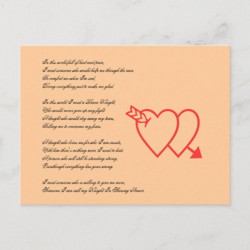 I need a knight Valentines Day Love poem Holiday Postcard