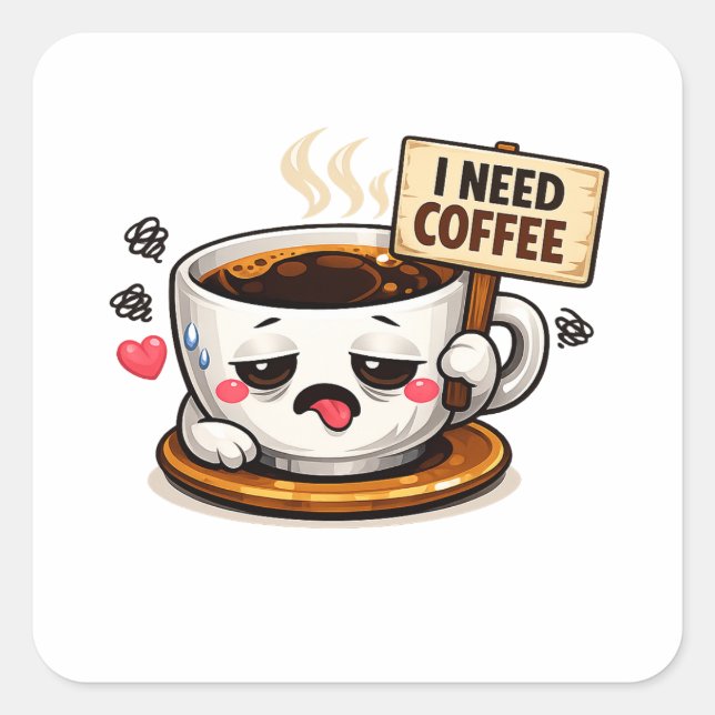I Need Coffee Funny Quote | Coffee Lover Humor Square Sticker (Front)