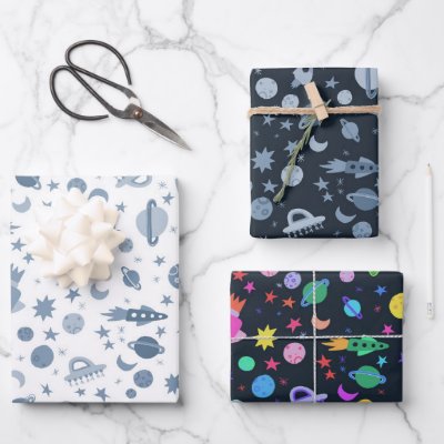 I Need Some Space UFO Rocket Planet Pattern Cute Wrapping Paper Sheets