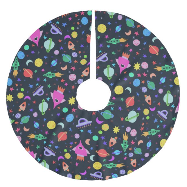 I Need Space UFO Rocket Saturn Pattern Brushed Polyester Tree Skirt (Front)