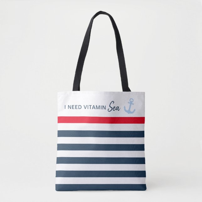 I Need Vitamin Sea Nautical Stripe Anchor Tote Bag (Front)