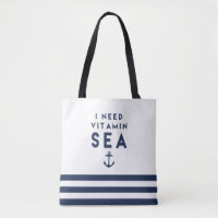 I Need Vitamin Sea Navy and White Nautical Stripe Tote Bag