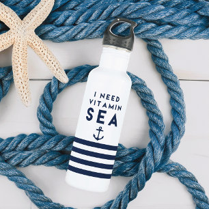 I Need Vitamin Sea Navy and White Stainless Steel Water Bottle