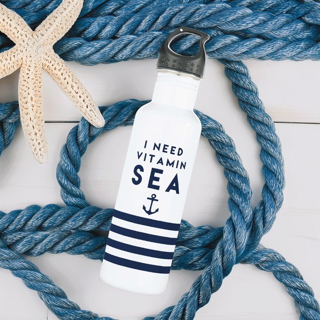 I Need Vitamin Sea Navy and White Stainless Steel Water Bottle (Creator Uploaded)