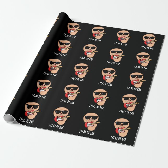 I Play By Ear Funny Guitar Musician Pun Dark BG Wrapping Paper (Unrolled)