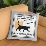 I Put a Spell on You Black Halloween Cat Throw Pillow<br><div class="desc">Celebrate Halloween in style with this spooky fun "I put a spell on you and now you're mine" quote throw pillow. Features a black cat with witch caldron and flying bat accents with stylish typography. Two-sided design in black, white, pale orange, and light gray colors that can be customized to...</div>