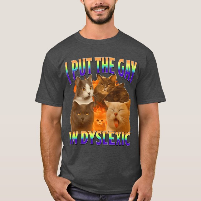 i put the gay in dysleic funny cat meme gift T-Shirt (Front)